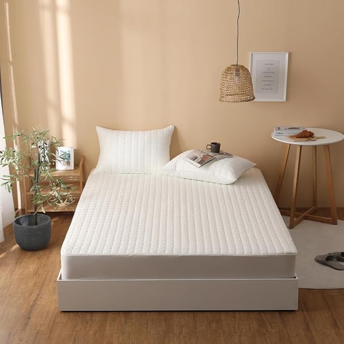 Quilted 100% Cotton Mattress Cover – 6 Colors, Machine Washable, Breathable & Stretchy, Fits up to 16-Inch Deep, Twin/Full/Queen/King (Ivory, Queen)