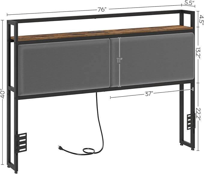 YATINEY King Size Headboard Only, King Headboard with Charging Station, Upholstered Head Board with Open Storage, Height Adjustable, Vintage Style, Sturdy and Stable, Rustic Brown, Gray and Black