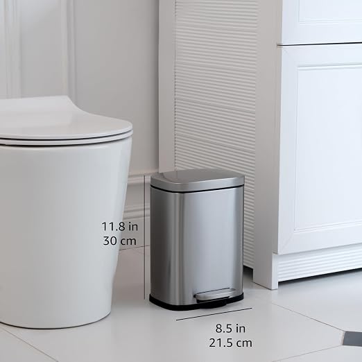 Amazon Basics Smudge Resistant Mini Rectangular Trash Can with Soft-Close Lid, Foot Pedal, Removable Inner Bucket, 5L/1.32 Gal, Brushed Stainless Steel, for Bathroom & Small Space, Satin Nickel Finish - Image 3