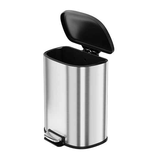 Garvee Stainless Steel Trash Can, 50 L/13 gal Hands Free Garbage Can with Soft Close Lid and Foot Pedal, Metal Kitchen Waste Bin with Inner Bucket for Living Room, Office, D Shape, Silver by Garvee