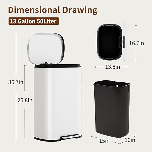 PayLessHere Stainless Steel Trash Can with Lid - Removable Inner Bucket, Foot Pedal Soft Close for Office, Home, Kitchen (White, 13 G) - Image 7