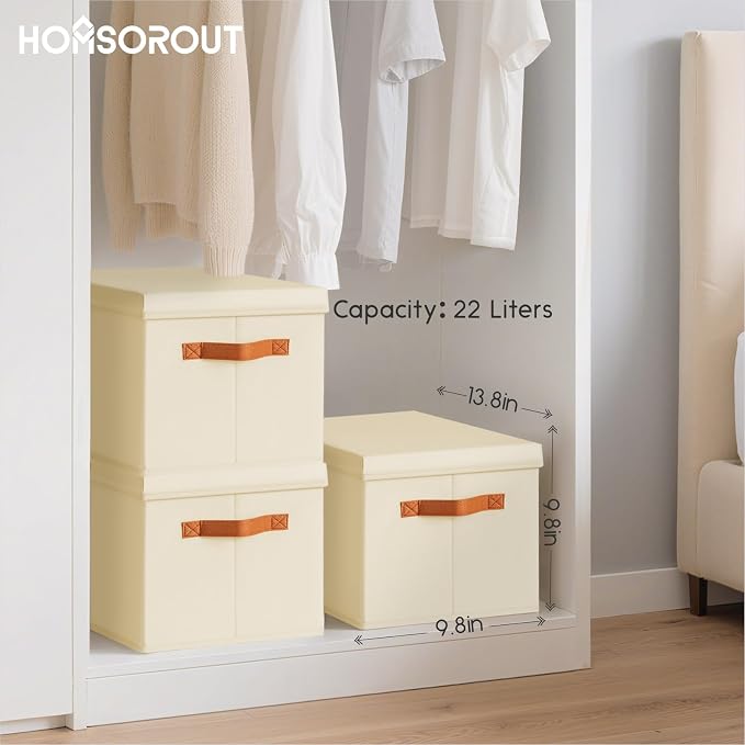 Homsorout Storage Bins with Lids - Fabric Storage Baskets for Shelves, 6 Pack Foldable Decorative Boxes with Handles, Stackable Organizer Bins for Home, Nursery, Dorm, Beige - Image 7