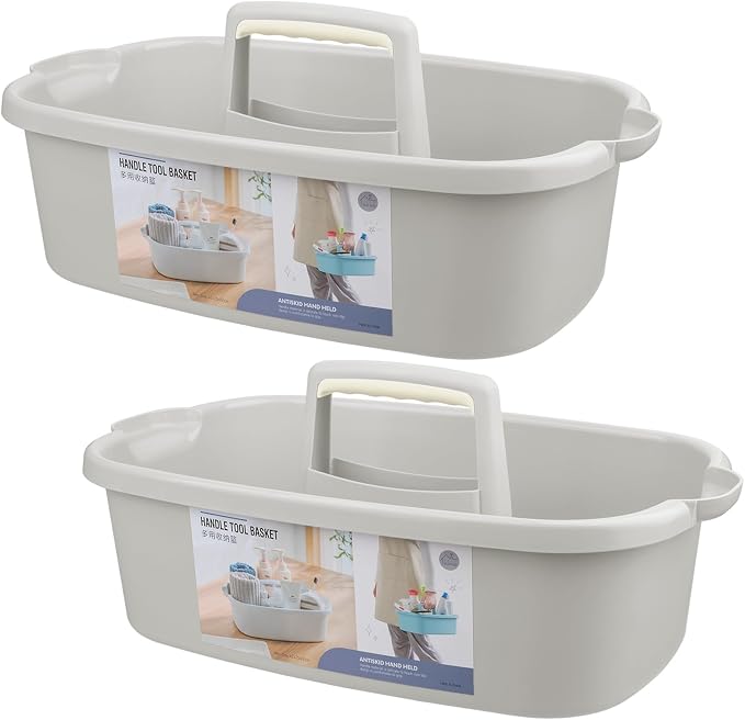 JiatuA Large Cleaning Supplies Caddy Portable Shower Basket Supply Organizer with Handle Plastic Bucket Tool Storage for Bathroom, Bedroom, Kitchen, College Dorm, Garden, Light Gray 2 Pack by JiatuA