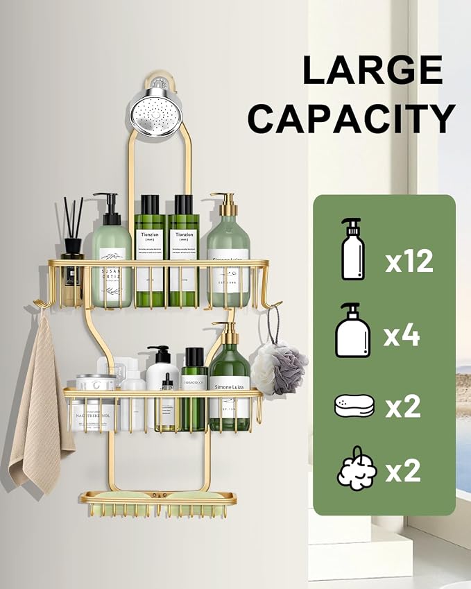 Shower Caddy Hanging - Never Rust Shower Hanging Organizer - Aluminum Over the ShowerHead Caddy with Soap Basket and 6 Razor/Sponge Hooks (Gold) - Image 7