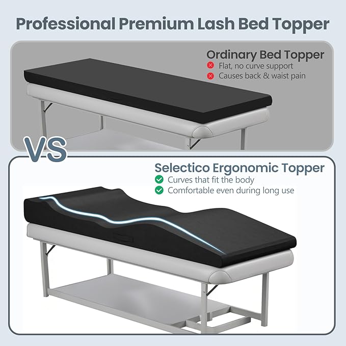 Ergonomic Lash Bed Topper, High-Density Foam Massage Table Topper with Plush Removable Cover, Non-Slip Massage Table Pad for Salon, Spa, Facial,Lash Extension Beds, 71"x28" (Black)