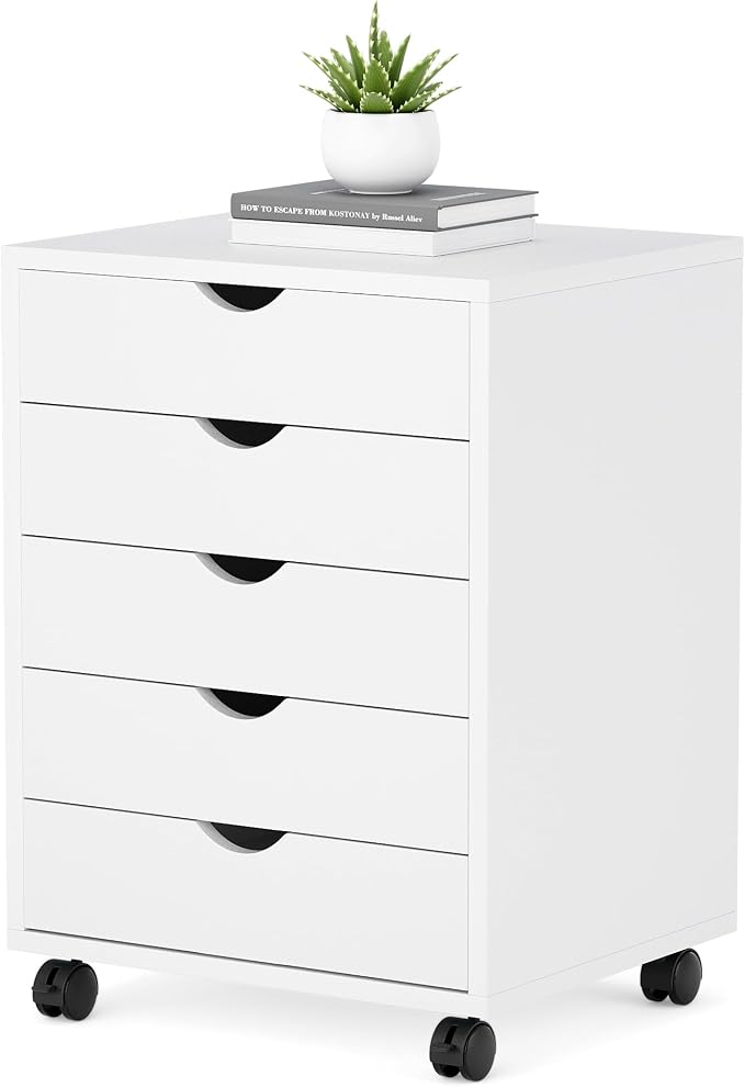 5 Drawer Mobile File Cabinet Under Desk Storage Organization with Wheels Vertical Filing Chest Rolling Wood Small Desk Printer Stand for Home Office, White by ALPEN