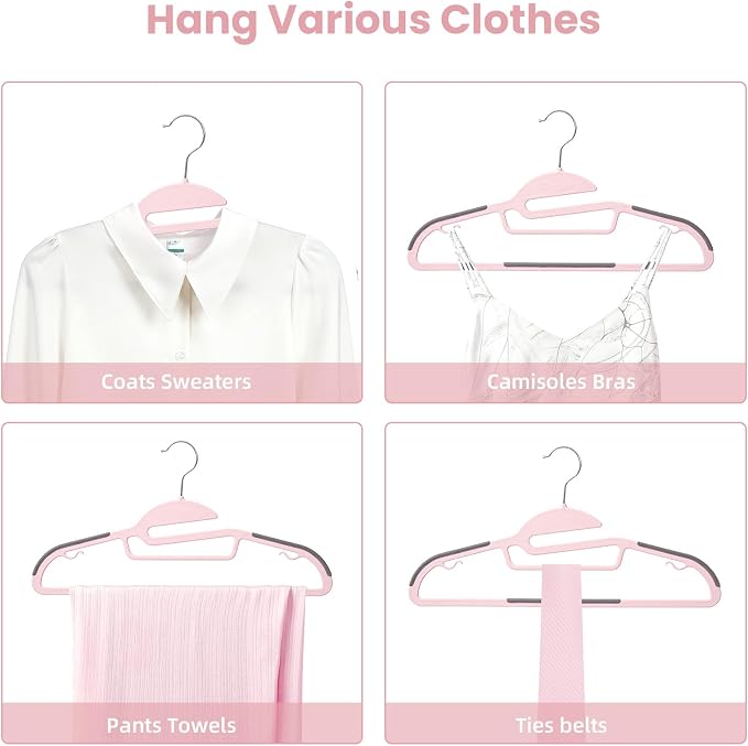 BAGAIL Plastic Hangers 50 Pack with Non-Slip Design,0.2 Inches Thick, 360°Swivel Hook Space Saving Organizer for Bedroom Closet,Shirts,Pants(Pink- S Shaped) - Image 5