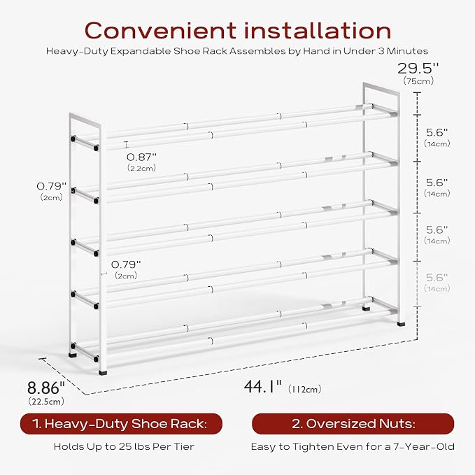 Bumusty 5-Tier Long Expandable Shoe Rack for Closet, 18"-44" Adjustable Shoe Rack for Entryway, 25-30 Pairs Large Shoe Organizer Shelf Storage, Sturdy Metal, White - Image 3