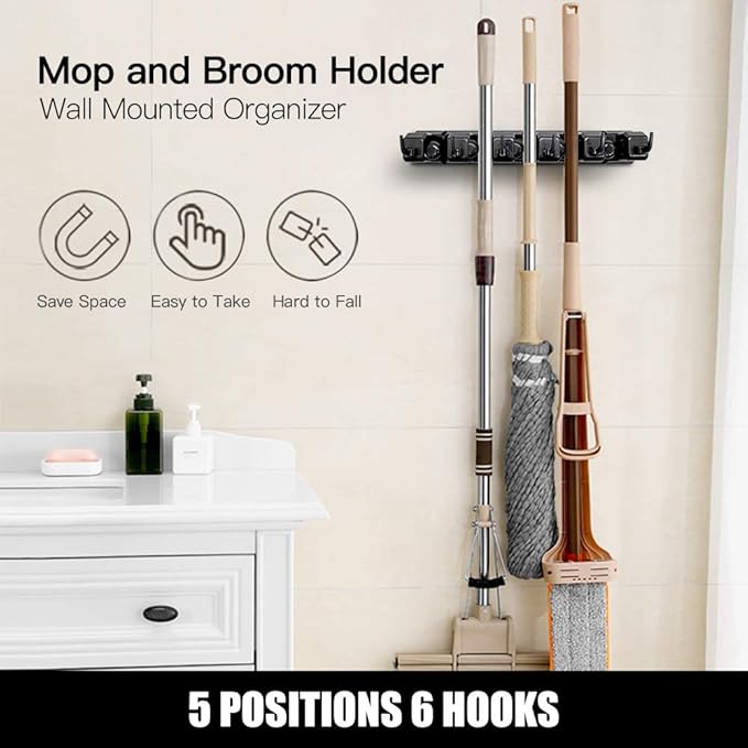 IMILLET Mop and Broom Holder, Wall Mounted Organizer-Mop and broom Storage Tool Rack with 5 Ball Slots and 6 Hooks (Black) - Image 3