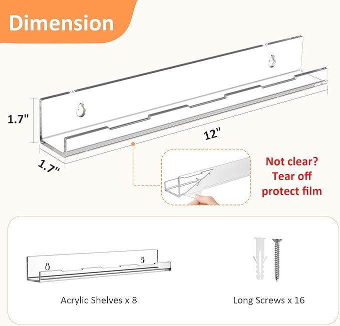 Optish 8 Pack Vinyl Wall Mount Shelf, 12" Vinyl Record Holder, Clear Record Shelf Display and Storage, Acrylic Shelves for Wall, Nursery, Living Room, Bedroom - Image 3