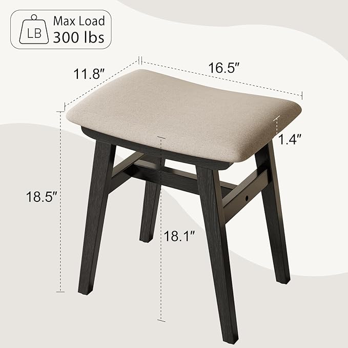 Muwuele Solid Wood Vanity Stool, Compact Makeup Chair with Saddle Cushion, Linen-Covered High Rebound Sponge Seat, Easy Assembly Footstool for Bedroom, Entryway, Home, Black