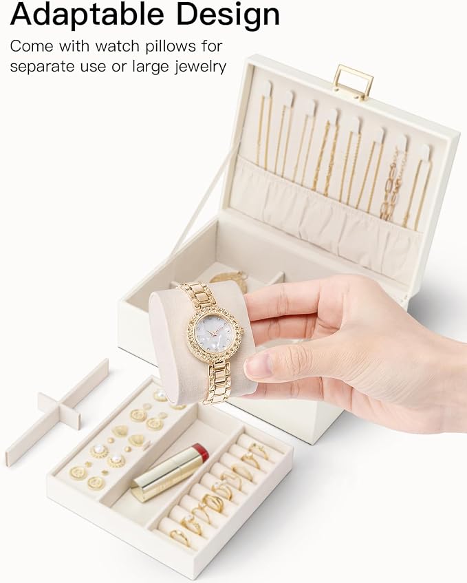 Vlando Jewelry Organizer,2 Layer Jewelry Box Large Jewelry Organizer for Women Removable Jewelery Tray with Watch Pillow for Necklace Earrings Rings Bracelets(Cream White) - Image 4
