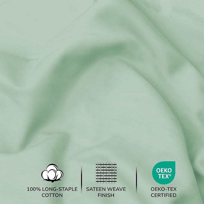 Feather & Stitch 500 TC Split King Size Sheet Set, 5 Piece Bed Sheets Set-2 Twin Fitted Sheet, 1 King Flat Sheet & 2 King Pillowcases, 18" Deep Pockets Sateen Weave Striped Bedsheet - (Soft Sage)