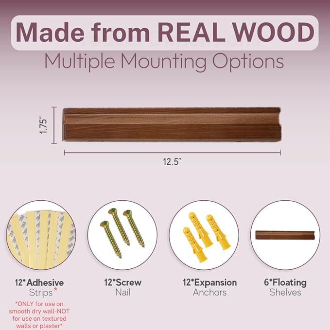 Vinyl Wall Mount Pack of 6 Pinewood Vinyl Record Holder Wall Mount with 2 Mounting Options Vinyl Shelf Walnut Stain Finish Vinyl Record Display - Vinyl Record Shelf - Vinyl Record Wall Mount - Image 2