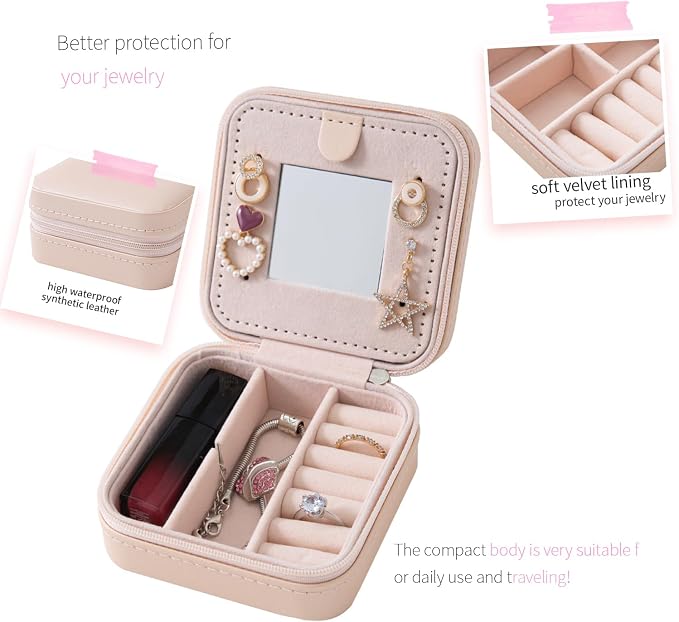KElofoN Travel jewelry case Travel jewelry box Travel Jewelry Organizer Small Jewelry Organizer Box for Girls Women with Mirror (Pink-5) - Image 3