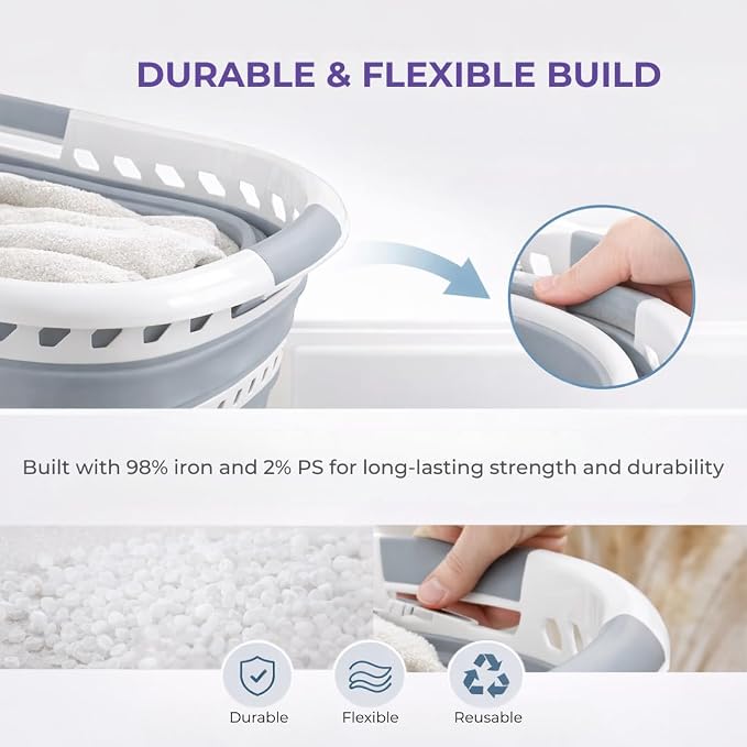 Laundry 360 Collapsible Laundry Basket 40L | Portable | Space Saver Storage | Hold 2 Loads | Store Under the Bed or Closet | Good for Kids | Dorm | Bedroom | Large | White/Grey - Image 5