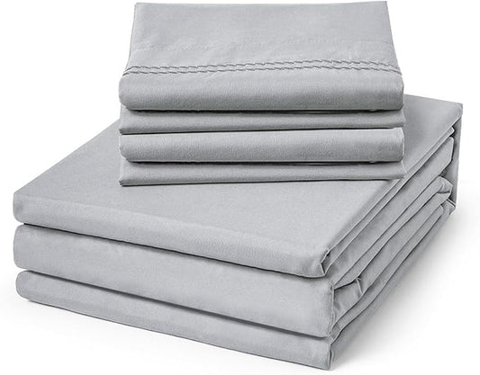 ClevaHome King Size Sheet Set - 6 Piece Soft Breathable Luxury Bed Sheet Set - Shrinkage & Fade Resistant Embroidered Bedding Sheet with 14-inch Deep Pocket, 2 Extra Pillowcases (King, Misty Grey)