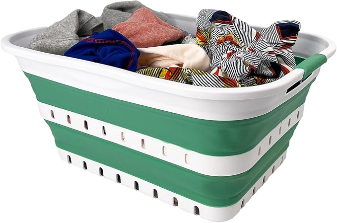 SAMMART 42L (11 gallon) Collapsible Plastic Laundry Basket - Foldable Pop Up Storage Container/Organizer - Space Saving Hamper/Basket (1, White/Winter Green) by SAMMART