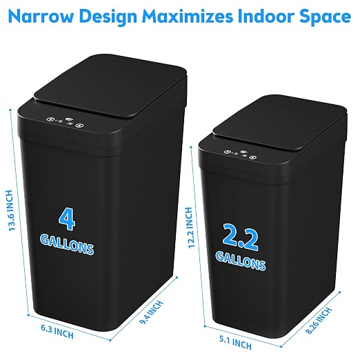 Bathroom Trash Can with Lid, 2 Pack 4 & 2.2 Gallon Automatic Touchless Garbage Can, Small Motion Sensor Smart Trash Can, Slim Waterproof Trash Bin for Bedroom, Bathroom, Office, Living Room (Black) - Image 3
