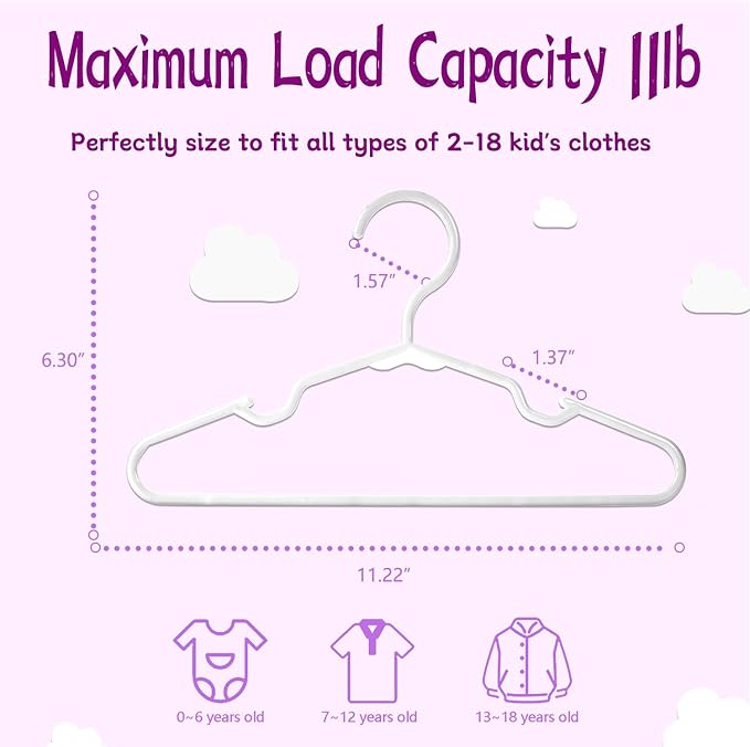 Kids Hangers - 100 Pack, 11.5 Inch White Baby & Toddler Hangers for Closet - Ideal for Baby Standard Use - Image 2