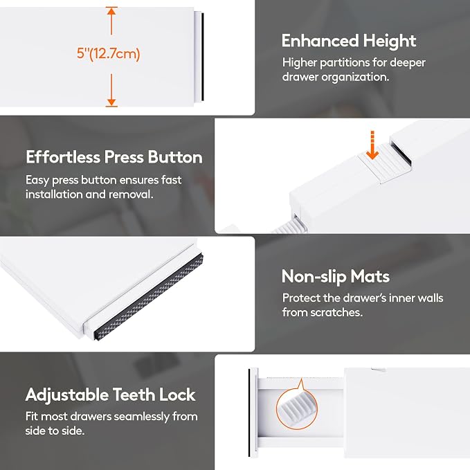Lifewit 6 Pack 5" High Drawer Dividers 34-56cm/13.5-22" Adjustable Drawer Organizer for Clothes/Utensils, Expandable Drawer Separator in Dresser/Kitchen/Bedroom/Office Organization & Storage White - Image 6
