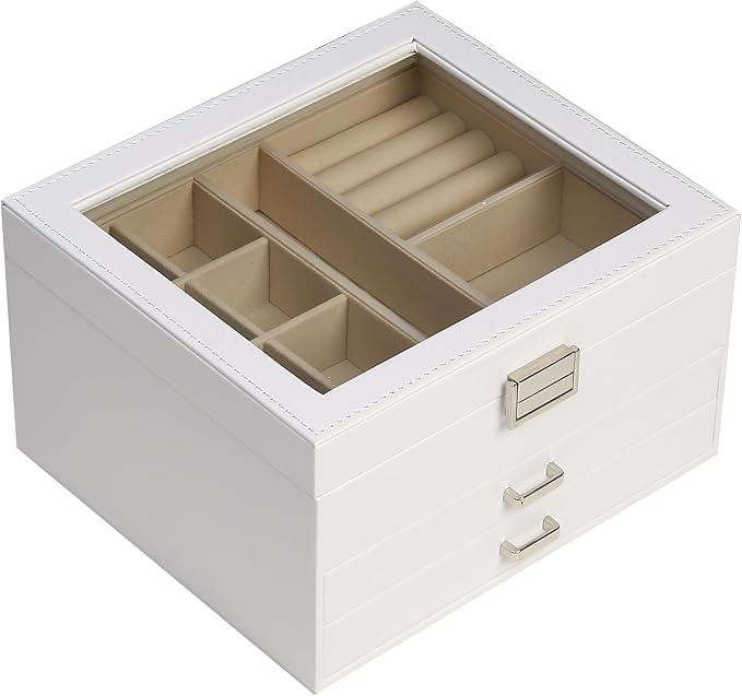 BOOVO Clear Lid Jewelry Box,3 Layers Jewelry Organizer Large Multi-Functional Jewelry Storage Box with 2 Drawers,Jewelry Display Case of Rings Earrings Necklace Bracelets for Women Girls (White) by BOOVO