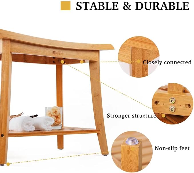 Unibambou Bamboo Shower Bench with Storage Shelf, Spa Bath Chair for Bathroom, Seat or Organizer for Living Room, Bedroom and Garden - Great for All Ages Unisex Elderly (Large, Natural) - Image 5