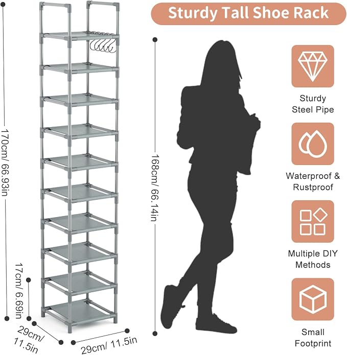 LANTEFUL Narrow Shoe Rack 10-Tier Tall Shoe Organizer Skinny Shoe Shelf Storage for 10-15 Pairs Shoe and Boot, Space Saving Corner Shoe Rack Organizer for Closet, Entryway, Living Room, Grey - Image 3