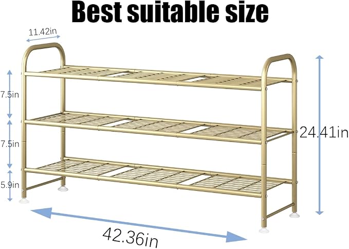 LINZINAR Shoe Rack Long 3 Tier Shoe Storage Organizer Metal Wide Shoe Shelf for Closet Entryway Bedroom 24 Paris Large Capacity, Gold - Image 2