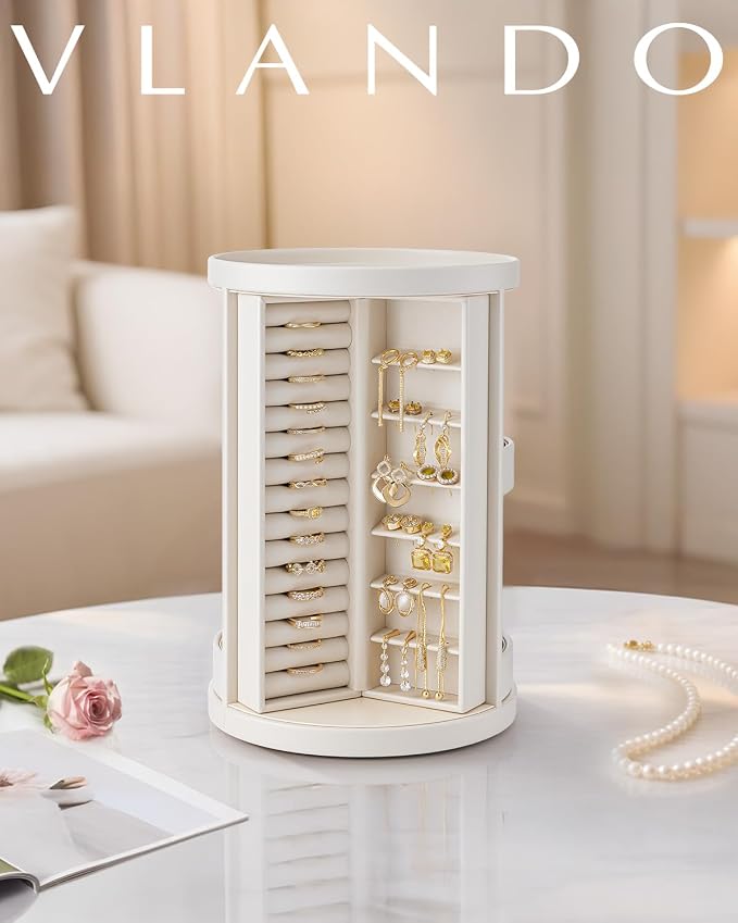 VLANDO 360°Rotating Jewelry Box,Earring Organizer Large Vertical Jewelry Organizer with 6 Necklace Hooks, Open Ring Display Storage for Women - Cream White - Image 8