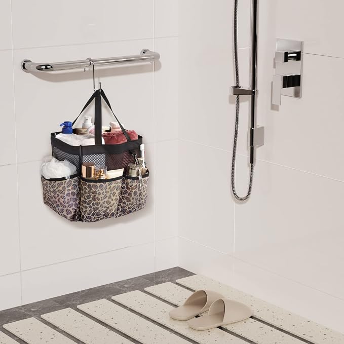 F-color Shower Caddy Portable - Mesh Shower Bag Basket Tote for College Dorm Room Essentials Bathroom Gym Camp Quick Dry for Women Men with S Hook, Leopard - Image 8