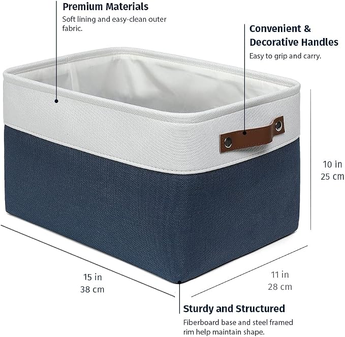 OrganiHaus Large Fabric Storage Baskets for Shelves 3 Pack, 15x11in Closet Storage Bins, Canvas Storage Bin for Organizing, Cloth Baskets, Linen Closet Organizers, Navy Blue/Off-White - Image 2
