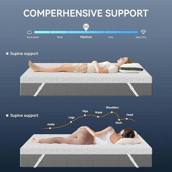 ELEMUSE 3 Inch Gel Memory Foam Mattress Topper King - Cooling Ice Silk Removable & Washable Cover, Mattress Topper for Back Pain Relief, Adjustable Strap & Non-Slip, CertiPUR-US Certified