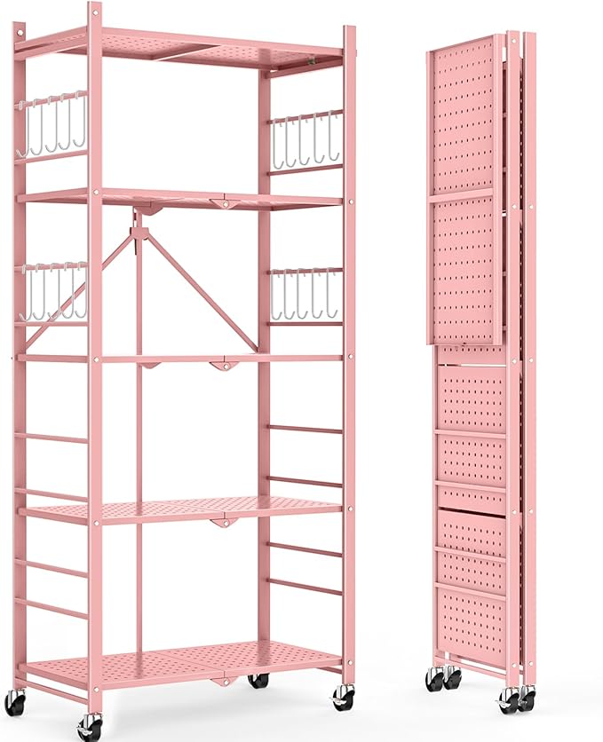 Himix Storage Shelves with 20 Hooks, 5-Tier Foldable Shelves for Storage, Folding Shelf Unit Pantry Shelves with Wheels, Standing Shelving Unit for Kitchen Garage Home Office Room Greenhouse, Pink by Himix