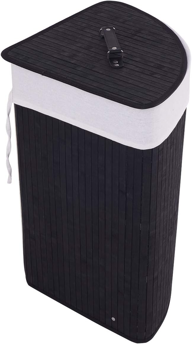 GOFLAME Corner Bamboo Laundry Hamper with Lid and Removable Liner, Washing Clothes Basket Storage Bin with Handle, Suitable for Bedroom, Bathroom, Laundry (Black) by GOFLAME