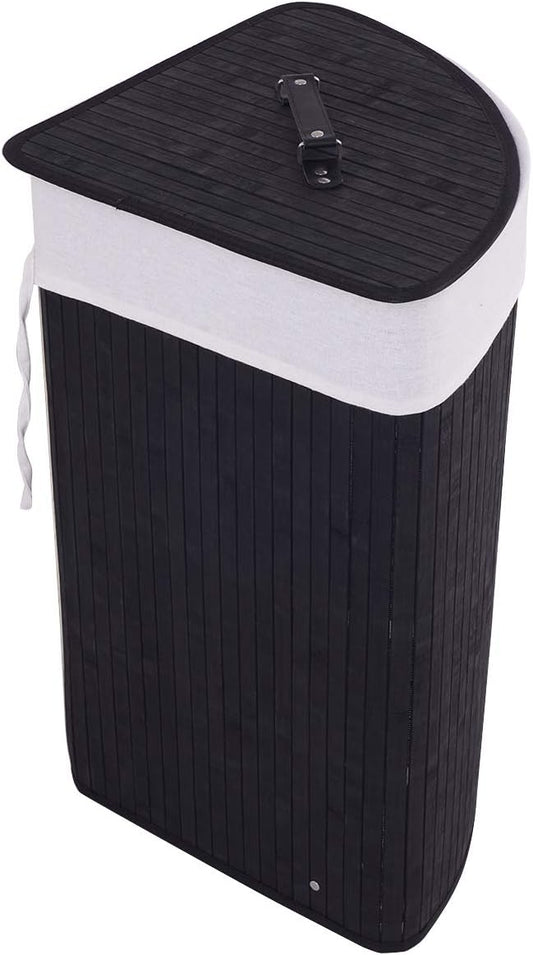 GOFLAME Corner Bamboo Laundry Hamper with Lid and Removable Liner, Washing Clothes Basket Storage Bin with Handle, Suitable for Bedroom, Bathroom, Laundry (Black) by GOFLAME