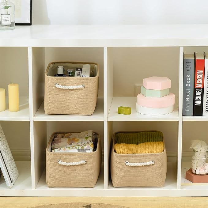TheWarmHome Storage Bins for Shelves - Medium 3Pack 13.8L*9.8W*6.7H inch Canves Storage Basket for Organizing, Fabric Storage with Handles for Clothes Baby Dog Toys(Beige) - Image 2