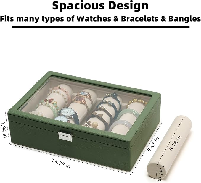 Bracelets Organizer Rods Bangles Display Holder, Clear See through Lid Leather Velvet Jewelry Storage Box Case for Women, 4 Rods Green Leather - Image 2