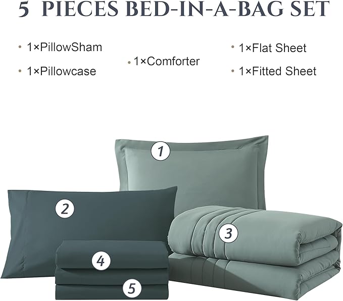 Monbix Twin XL Size Comforter Set - Extra Long 5 Pieces Dorm Bedding Sets, Quilting Design Fluffy Bed in a Bag Twin XL with Sheets, Pillowcase & Sham (Sage Green)