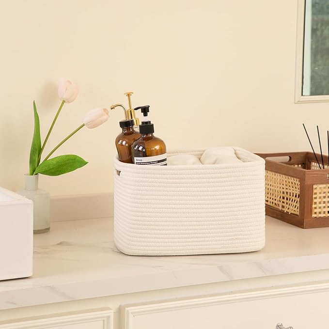 OIAHOMY 4 Pack Storage Baskets for Organizing, Cube Storage Bins for Shelves, Rectangle Storage Baskets With Handles, Woven Baskets for Storage, 12.7''Lx9''Wx7.8''H, White - Image 5