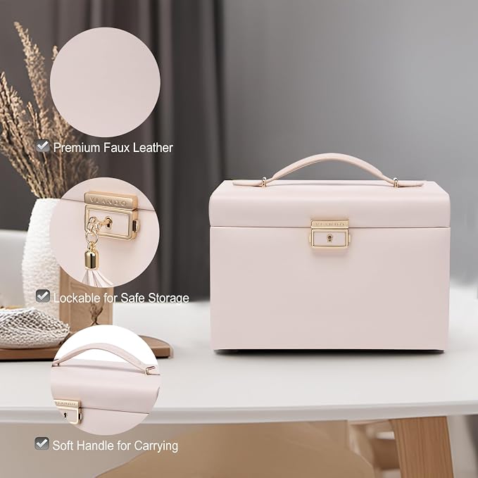 Vlando Lockable Jewelry Box Organizer with Key, 3-Tiered Storage Tray for Necklaces Earrings Rings Bracket Accessories Storage Display, Full HD-Mirror, Pink Beige - Image 2