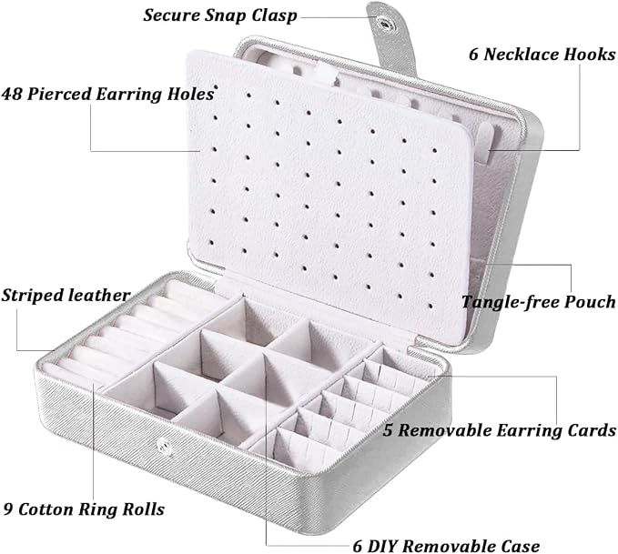 QBestry All-in-One Travel Jewelry Organizer for Women Silver | Small Jewelry Box with 68 Earring Holes | Compact Portable Jewelry Case for Earrings, Rings, Necklaces | Perfect Gifts for Mom Wife Girls - Image 7