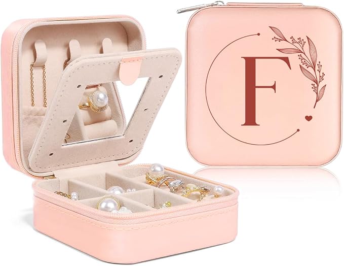 SANDJEST Personalized Jewelry Box, Pink Small Travel Jewelry Box with Initial F, Monogrammed Jewelry Case Organizer for Girls Women Teen, Mini Travel Essentials Gifts for Christmas Birthday by SANDJEST