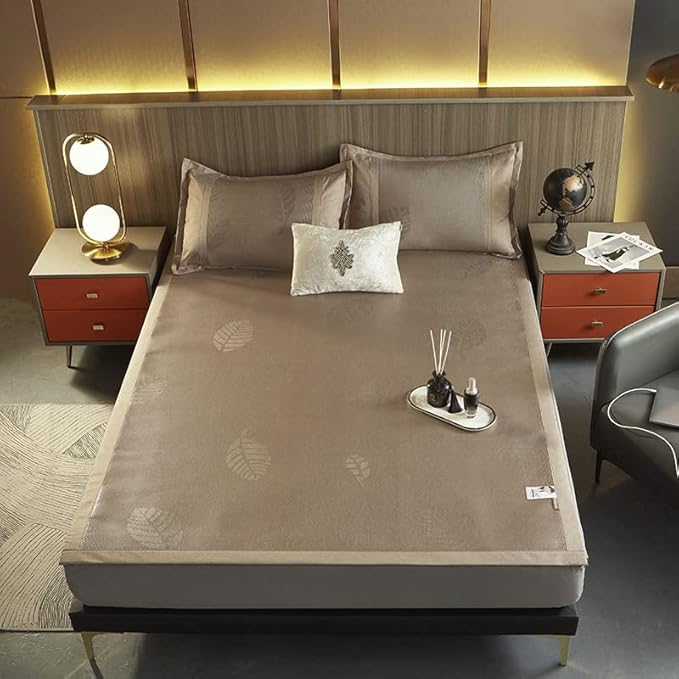 Square Cooling Bedding Mat,Ice Silk Rattan Matting,Foldable Jacquard Mixed Ice Silk & Rattan Mat,冰藤席 (Gold, Queen)