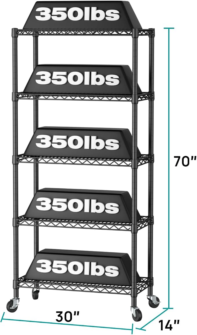 SINGAYE 5 Shelf Storage Wire Shelves Closet Bathroom Organizers Metal Pantry Kitchen Garage Shelving Unit Laundry Room Organization Home Narrow Rack Net Basket with Wheels Black - Image 3