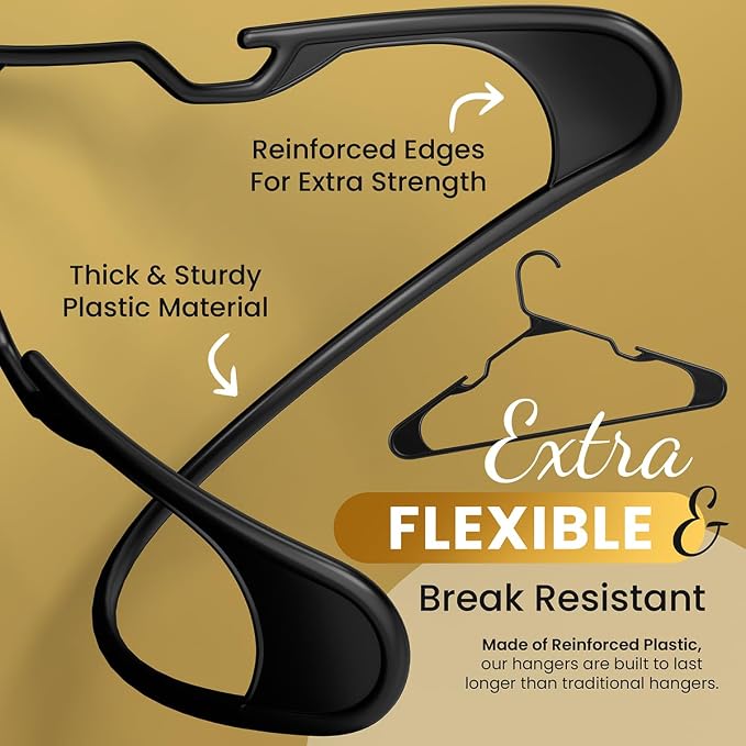 Our Modern Space 30 Pack Adult Plastic Hanger for Shirt Pants Coats Dresses Skirts Suits Jackets - Standard Thick Coat Hanger - Sturdy & Durable Design with Shoulder Grooves Hook - Black - Image 3