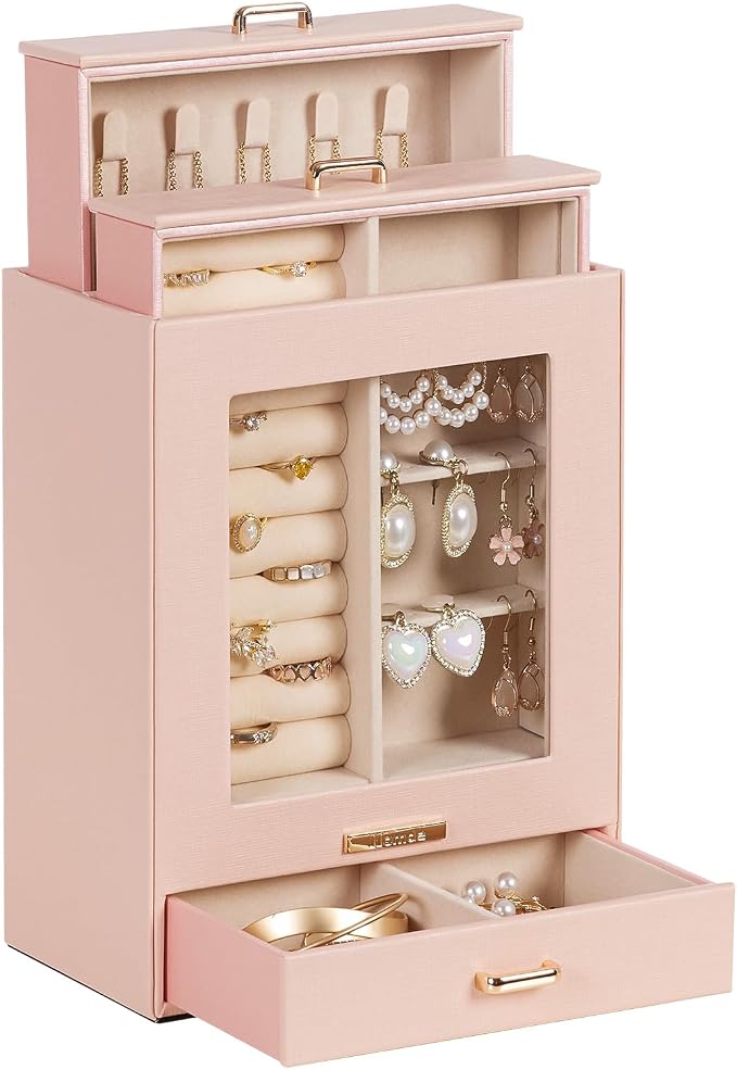 Homde Jewelry Organizer Girls Women Jewelry Box for Necklaces Rings Earrings Gift Bracelets Storage Case (Peach Pink + Gold) by Homde