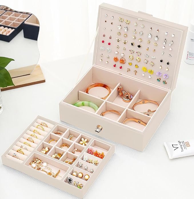 QBestry Girls Jewelry Box Earring Holder Organizer for Girls Jewelry Organizer Box Stud Earrings Organizer for Girl Womens Beige Jewelry Box for Earrings and Necklaces Rings Stud Earring Box for Teen - Image 2