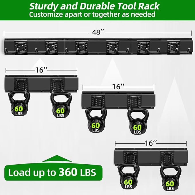 PIYILO Garage Organization, Garage Wall Organizer with 48 inches Rails and 6 Hooks, Tool Organizers Heavy Duty, Shovel Holder Wall Mount Max Load 360 LBS, Sturdy Garden Tool Rack for Folding Chairs - Image 2