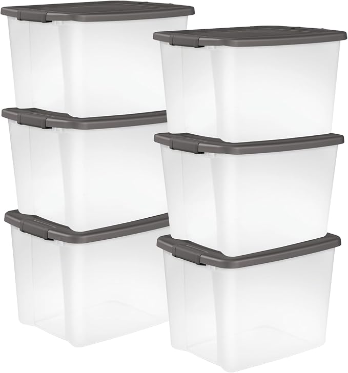 Sterilite 6-Pack ShelfTote, Clear Plastic Storage Bins with Lids, 50 Quart, Gray - Stackable Organizing Container Boxes for Closet, Bathroom, and Office by Sterilite